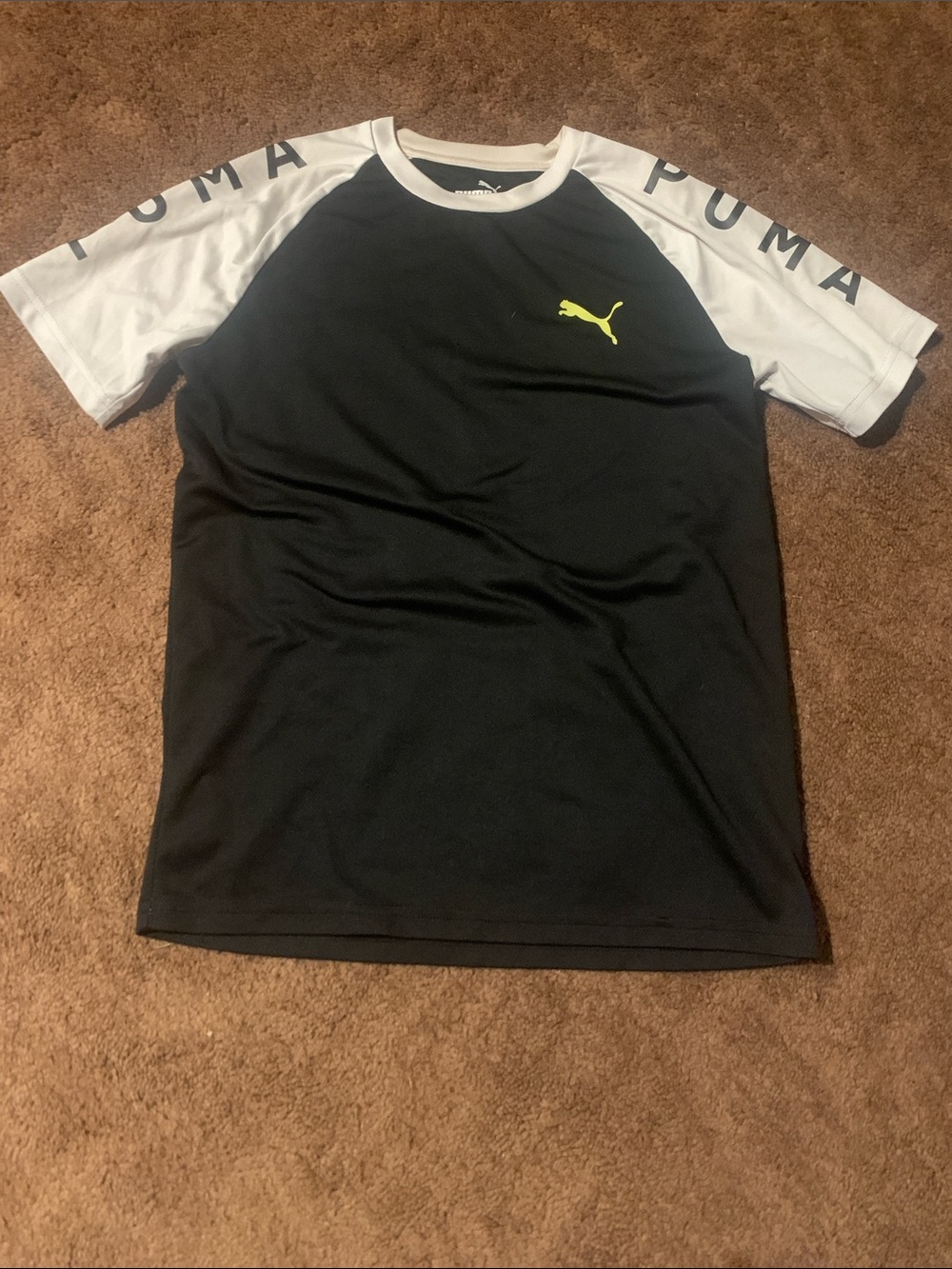 Puma Black Tee with White Raglan Sleeves and Neon green Logo